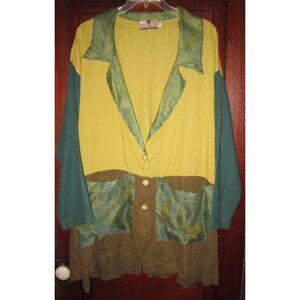 CRUNCH 2 XL 1X 2X Duster Kimono Jacket Coat Linen Silk Patchwork Green Art USA